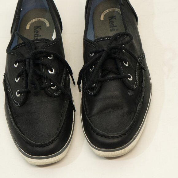Keds Leather Sneaker Black Minimal Low Retro 60s Goth Lace Up Boat Classic Shoe - Picture 7 of 12